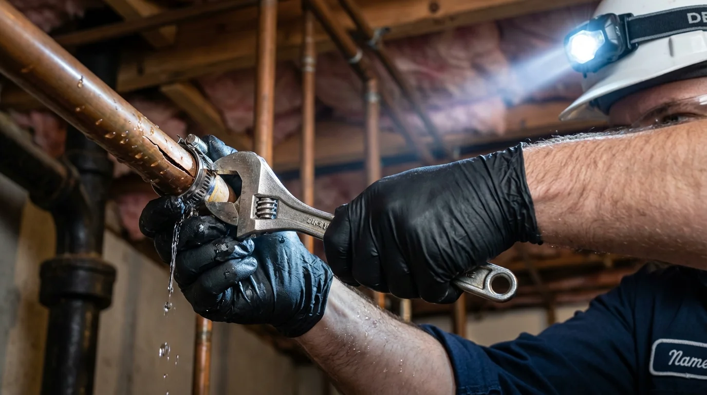 Emergency pipe clamp repair being performed by a Johns Plumbing LLC plumber in Lakeside