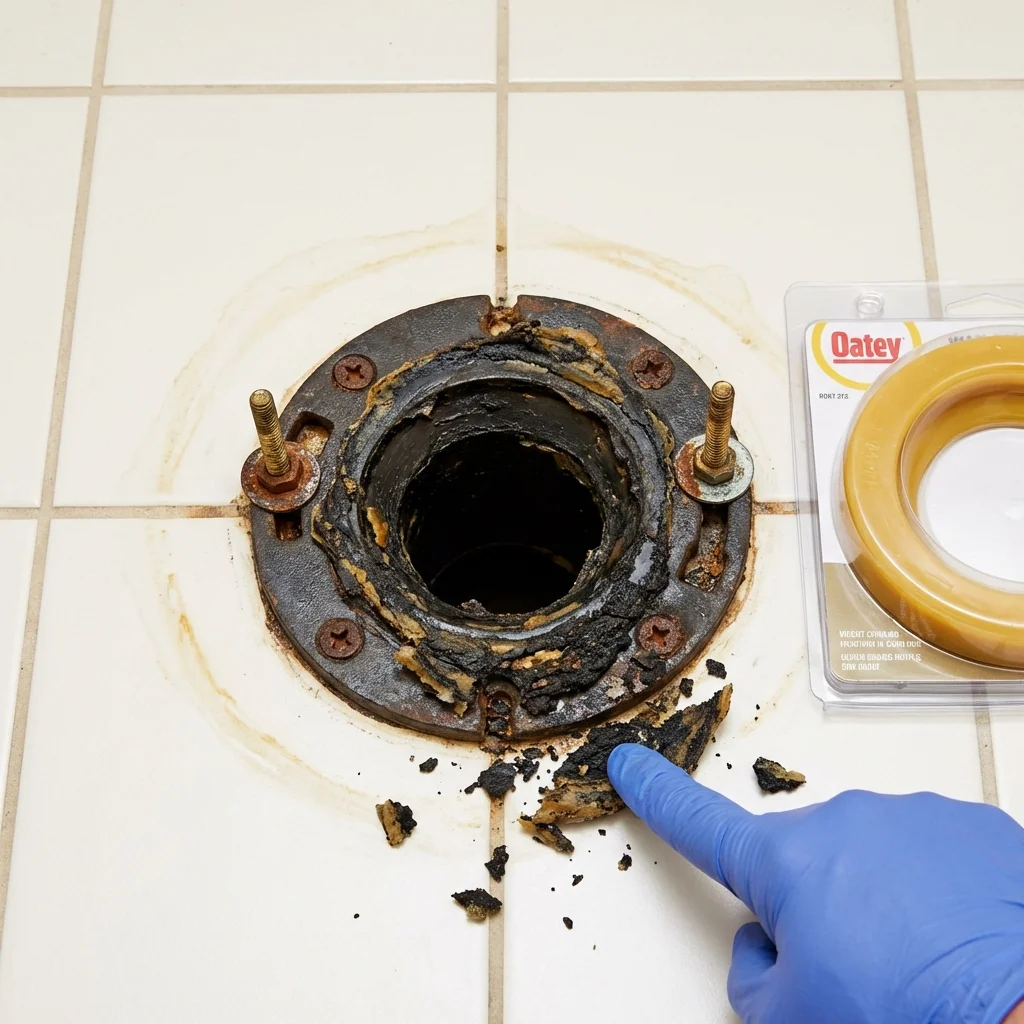 Failed wax ring showing water seepage at the base of a toilet in a Lakeside, CA home