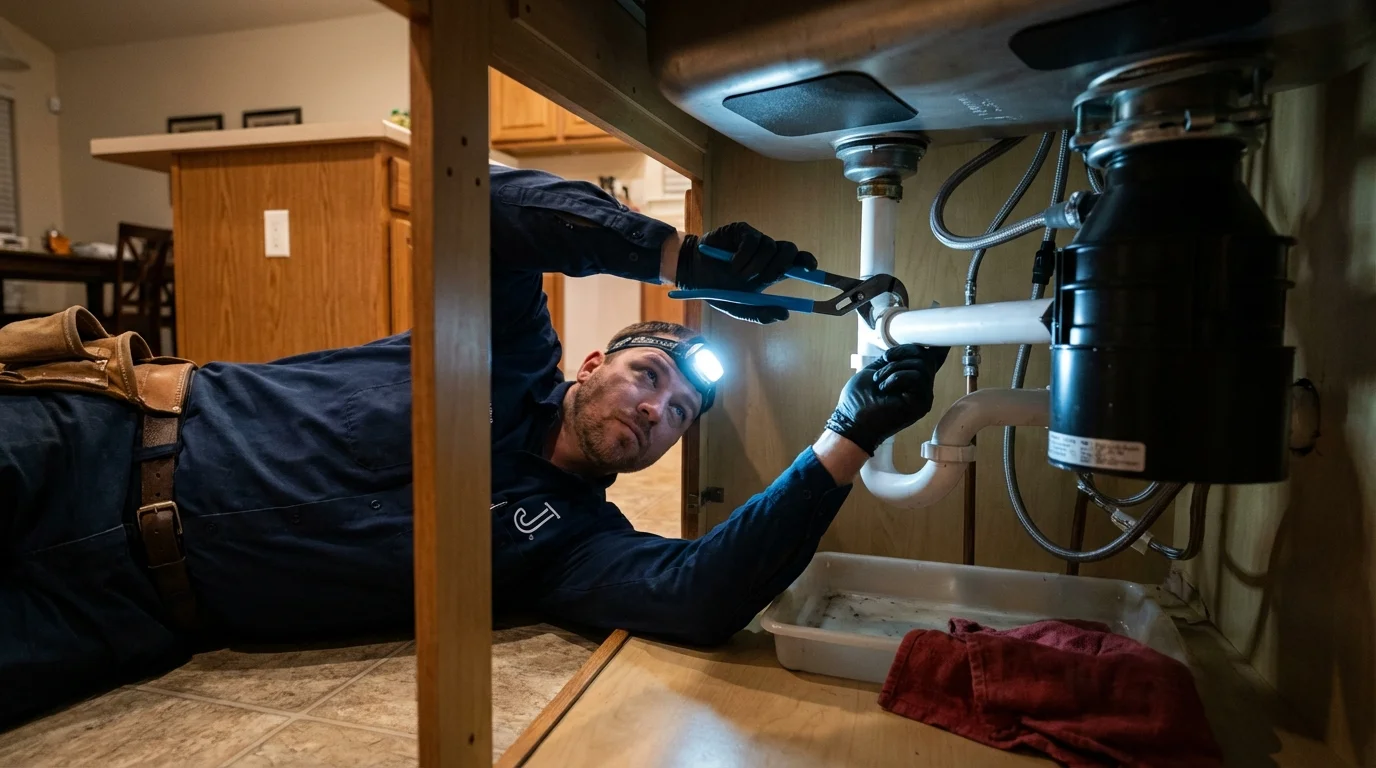 P-trap and supply line connections under a kitchen sink showing a common leak point in Lakeside, CA
